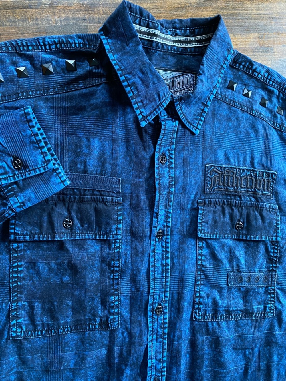 Y2K Affliction Black Premium Buckle Mens Long Sleeve Button Up Shirt Blue XL